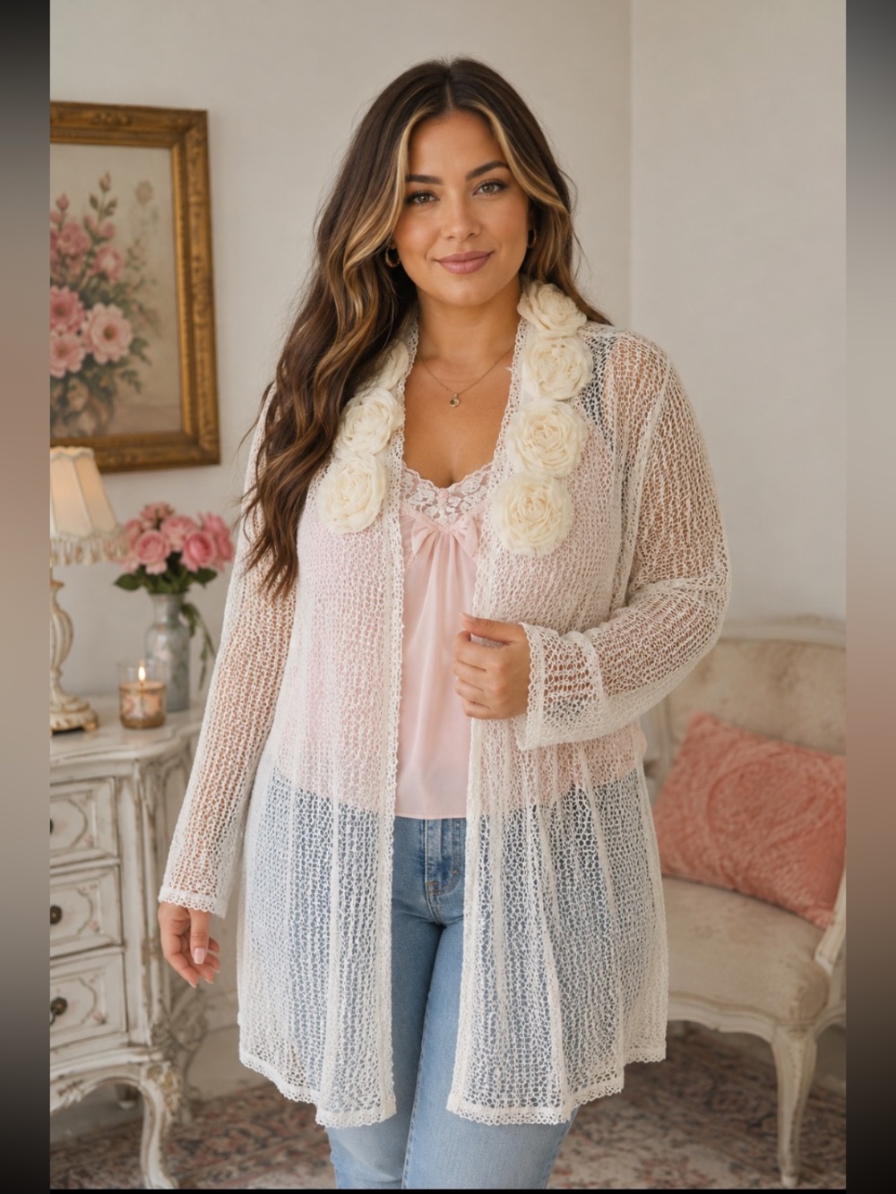 Vintage Y2K fairycore Sheer Mesh Rose-Trim Robe - peach